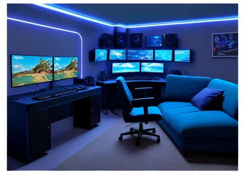 game room,computer room,little man cave,monitor wall,gamer zone,blue room,great room,kids room,modern room,recreation room,aqua studio,lures and buy new desktop,playing room,creative office,visual effect lighting,boy's room picture,computer desk,monitors,bonus room,blu,Art,Artistic Painting,Artistic Painting 08