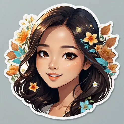 autumn icon,jasmine blossom,flower fairy,qianwen,custom portrait,flat blogger icon,isabela,huynh,girl in flowers,pilipina,blooming wreath,beautiful girl with flowers,vector illustration,edit icon,xianwen,jasmine flower,summer jasmine,rose flower illustration,quynh,hanqiong,Unique,Design,Sticker