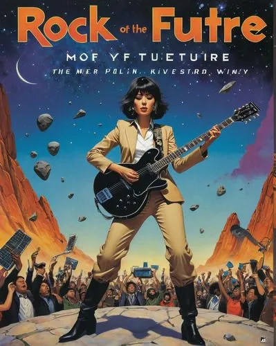 The cover of "Rock of the Future" features a female guitarist with a guitar in her hands, dressed in a tan suit and a black bandana. The guitar's strings are vibrating, and the strings are positioned 