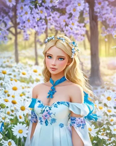 BLONDE WOMAN IN THE FIELD OF FLOWERS DAISY WITH A RADIANT SUN, LONG CURLY HAIR, DRESSED WITH BLUE AND WHITE FLORAL NECKLINE,,elsa,cinderella,princess sofia,fairy tale character,spring background,sprin