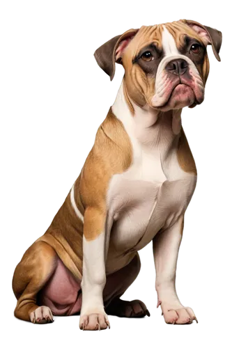 American Bulldog, muscular body, short coat, fawn or brindle color, wrinkles on face, prominent jaw, floppy ears, cute eyes, sitting, front legs bent, paws together, tongue out, soft focus, warm light