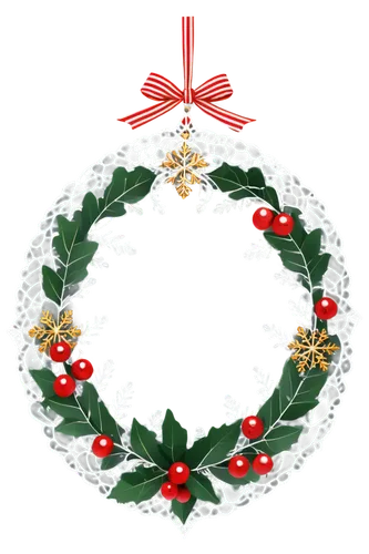 Transparent Christmas wreath, festive decorations, circular shape, green leaves, red berries, golden ornaments, sparkly snowflakes, delicate mesh, intricate details, soft focus, warm lighting, close-u