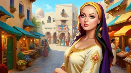 Romantic masterpiece oil painting, cute girl portrait, nostalgic 1950's style kitsch, breathtaking beautiful landscape, majestic scenery, Middle Eastern bazaar, Arabian marketplace, highly detailed, h