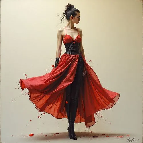 flamenco,red gown,dance with canvases,twirl,ball gown,silk red