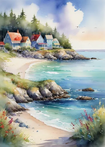 beach landscape,coastal landscape,seaside country,maine,beach scenery,seaside view,seaside resort,sea landscape,cape cod,mountain beach,new england,summer cottage,nubble,watercolor background,sea-shore,seaside,cliff beach,carbis bay,beach hut,landscape background,Illustration,Paper based,Paper Based 03