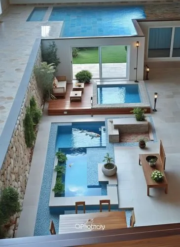 Interior de salon de casa lujosa con ventanal grande con vista a la piscina exterior, en el interior ambiente agradable estilo de lujo moderno con piedra rústica y plantas que rodean un gran estanque 