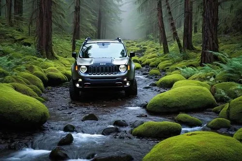 Off-road adventure, Jeep Renegade Sasquatch, rugged terrain, dense forest, misty atmosphere, morning light, massive wheels, aggressive tires, matte black finish, chrome accents, dynamic LED headlights