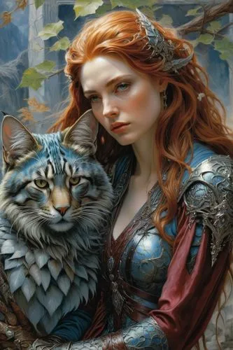 a beautiful red - haired woman in armor holding a cat,catelyn,fantasy art,fireheart,fantasy picture,kittani,boudicca,Illustration,Realistic Fantasy,Realistic Fantasy 03