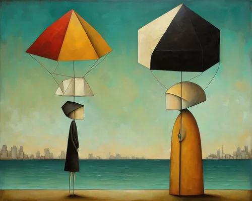 man with umbrella,lampshades,parasols,hat stand,overhead umbrella,umbrellas,surrealism,chair and umbrella,sailing boats,lampshade,art dealer,buoy,summer beach umbrellas,kites,travelers,rain stoppers,brolly,sailboats,two people,surrealistic,Art,Artistic Painting,Artistic Painting 45