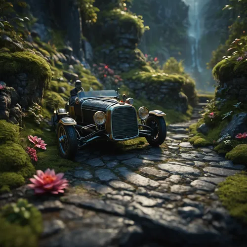 planted car,the wreck of the car,road forgotten,flower car,winding road,atv,caterham 7,small car,alpine drive,land-rover,lotus seven,retro vehicle,autome,bastion,digital compositing,the road,winding roads,3d car model,miniature cars,wander,Photography,General,Fantasy