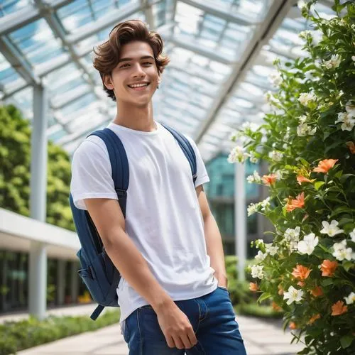 Modern university campus, sunny afternoon, gentle breeze, a young adult student, male, 20yo, casual wear, jeans, white T-shirt, backpack, holding an architecture model, smiling, confident posture, sta