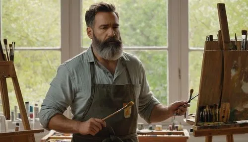 Artistic breeder, middle-aged man, messy hair, thick beard, paint-stained apron, holding a palette, standing in front of an easel, artistic studio, dim warm lighting, wooden floor, half-finished paint