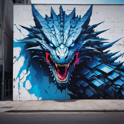 dragon  popping out of cracked wall, ceramics wall, bright blue eyes photography, mural,roa,painted dragon,saphira,drakon,kaiju,dragon,eragon,zilla,wyvern,gigan,jaggi,azor,gojira,godzilla,drexel,drago