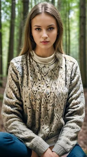 sweater,sweatshirt,long-sleeved t-shirt,knitting clothing,menswear for women,birch tree background,daisy jazz isobel ridley,knitwear,women clothes,bolero jacket,women's clothing,young woman,portrait background,forest background,girl with tree,orla,camo,photoshop manipulation,female model,cardigan