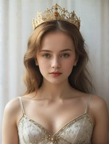 Create a convincing and bright, technically high-resolution photo portrait of a young Russian tsar's daughter.,a woman wearing a gold crown with her eyes closed,tiara,tiaras,princess crown,margairaz,g