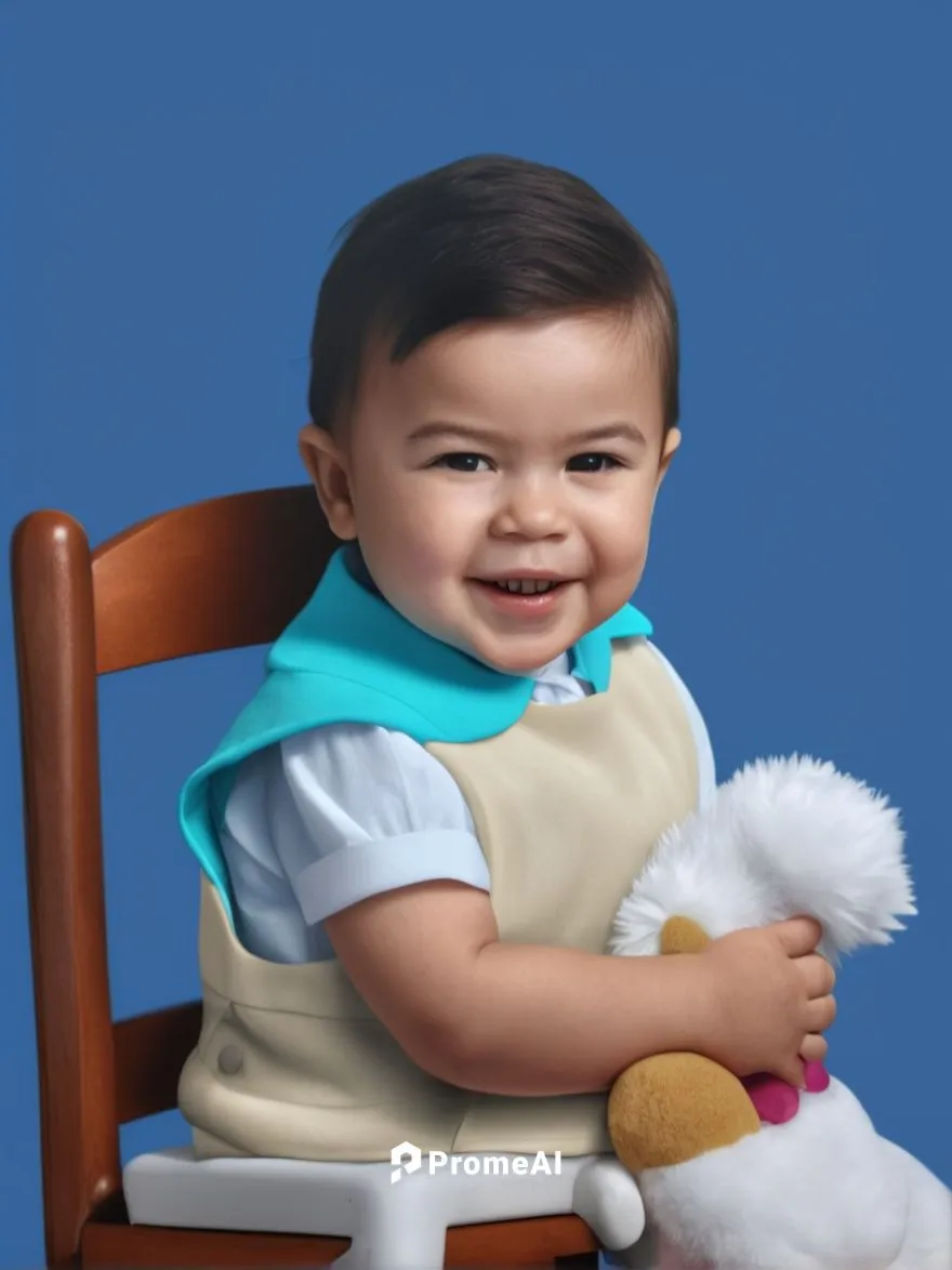 niño sentado en silla de madera con chaleco color blanco, camisa celeste, sosteniendo un peluche en fondo color azul celeste ,monchhichi,cute baby,diabetes in infant,baby laughing,child is sitting,soc