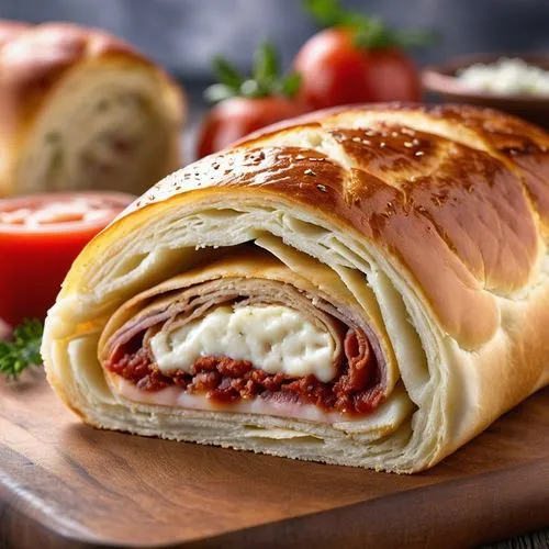 pepperoni roll,sausage bread,jam roly-poly,sausage roll,salami bread,flaky pastry,roll pastry,cheese roll,breakfast roll,calzone,beef roulades,vanillekipferl,fatayer,pain au chocolat,sfogliatelle,pan-bagnat,puff pastry,stromboli,strawberry roll,strudel,Photography,General,Realistic