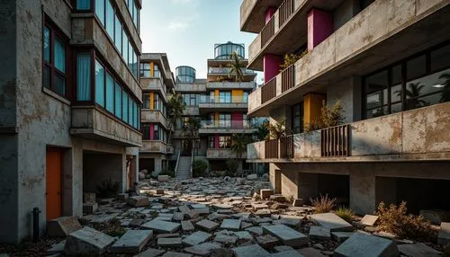 Deconstructed building fragments, rough concrete walls, exposed steel beams, irregular shapes, abstract forms, distorted perspectives, bold colorful accents, shattered glass facades, fractured stone s