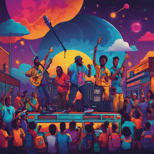 Create a lighthearted rap anthem about the vibrant Memphis music scene.,musicians,music background,beatenberg,street music,street musicians,musical background,block party,ghana,album cover,capital cit