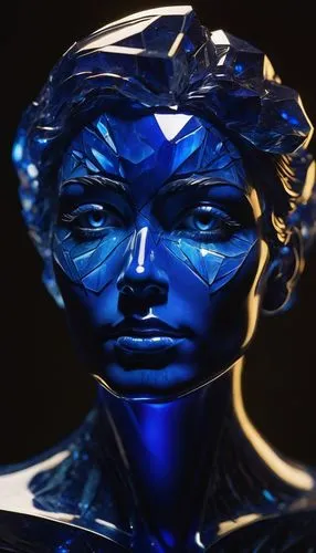 cobalt,cinema 4d,ice,sapphire,facets,aluminium foil,3d man,geometric ai file,ice queen,crystal,avatar,3d figure,3d model,head woman,transparent material,3d render,3d rendered,fractalius,icemaker,cobalt blue,Unique,3D,Modern Sculpture