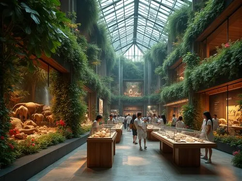 Museum interior, natural history section, large glass windows, abundant greenery, vines crawling up walls, tropical plants, exotic flowers, wooden exhibit tables, stone floors, soft diffused lighting,