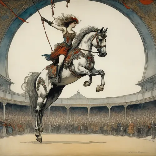 At a grand circus show, a trained artist performs daring acrobatics atop a beautifully adorned painted horse.,equestrian vaulting,puy du fou,jousting,carousel horse,don quixote,cavalry,joan of arc,bul