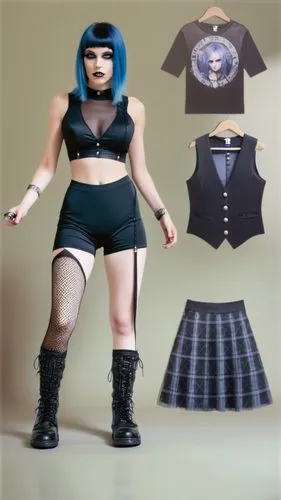 Paper doll 2d cartoon punk blue haired girl in black sleeveless shirt , black spandex shorts, complete full length fishnet and black punk knee Boots, standing surrounded by with a set of punk fashion 