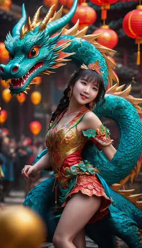    photorealistic  of Spring Festival, Dragon New Year, Cute Girl Partying,chinese dragon,dragon li,golden dragon,chinese water dragon,3d fantasy,chinese art,happy chinese new year,china cny,chinese h