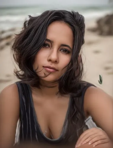 a portrait half body of a beautiful latina young girl 25 years old black hair sitting  in a casual outfit in the beach as background in 4k,social,beach background,portrait photographers,portrait photo