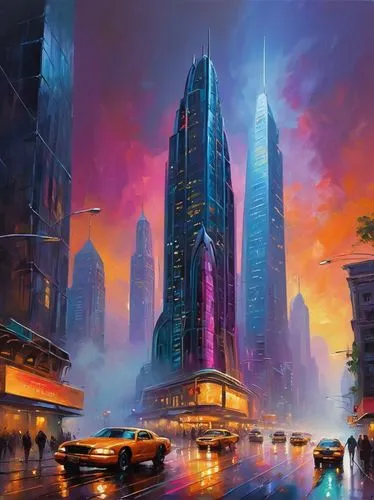 futuristic landscape,cybercity,guangzhou,cityscape,futuristic architecture,coruscant,world digital painting,cybertown,cyberport,skyscrapers,city scape,fantasy city,futurist,cityscapes,colorful city,cyberpunk,sky city,metropolis,the skyscraper,skyscraper,Conceptual Art,Oil color,Oil Color 22