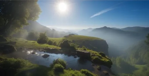 this is a view of a body of water on a green mountain,alpine landscape,cryengine,aaaa,oberland,mountain pasture,bernese highlands,Photography,General,Realistic