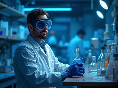 Dark blue Prussian blue pigment, rich texture, metallic sheen, artistic brushstrokes, innovative laboratory equipment, scientist in a white coat, goggles on forehead, holding a beaker, standing in fro