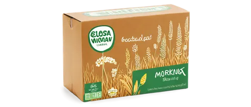 Whole grain cereal box, morning breakfast scene, rectangular box shape, brown paper material, natural fiber texture, golden wheat pattern, green leaf design, white font label, nutritious ingredients l