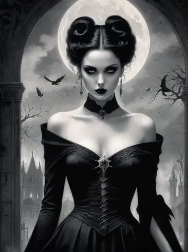 (upper body of a woman in a black dress) with a love in her eyes ,  gothic art style, dark art style, gothic art, gothic fantasy art, baroque dark art, fantasy dark art, lady of the entropy, tom bagsh