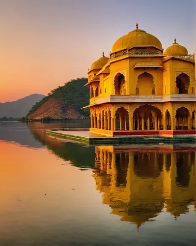 Describe the serene beauty of Jal Mahal during a peaceful sunset.,jaipur,rajasthan,india,golden temple,water palace,lotus temple,amber fort,ganges,rishikesh,taj mahal sunset,delhi,ganga,new delhi,indi