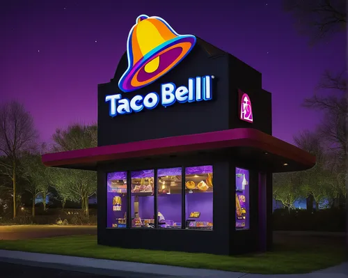 Imagine a playful and cartoonish Taco Bell logo in a whimsical fantasy world.,taco mouse,tacamahac,fast food restaurant,bell-shaped,taco,electronic signage,fast-food,restaurants online,chalupa,wall,me