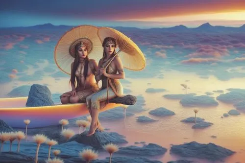 full nude very exotic and misty sky,two asian women with umbrellas in their hands,stiltsville,summerland,fantasy picture,ladyland,lachapelle,priestesses,phoenicians,barsoom,tropico,raelians,parasols,3