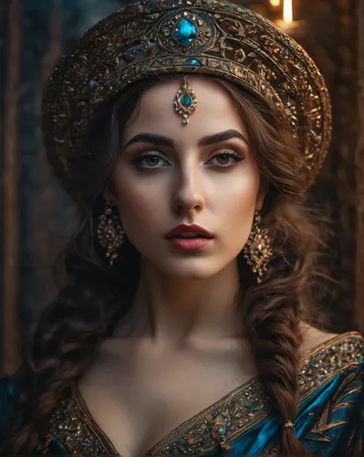 fantasy portrait,mystical portrait of a girl,romantic portrait,diadem,thracian,celtic queen,cleopatra,headpiece,miss circassian,victorian lady,arabian,priestess,persian,woman portrait,radha,the hat of the woman,fantasy art,headdress,russian folk style,accolade,Photography,General,Fantasy