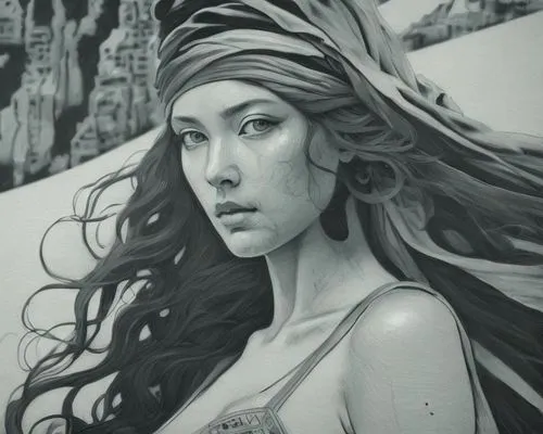 the  is posing with her long hair blowing in the wind,naiad,charcoal drawing,nereid,pencil art,klarwein,amphitrite,Art sketch,Art sketch,Concept