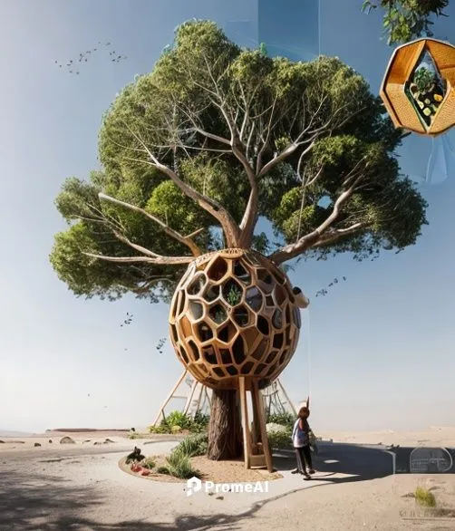 modern treehouse design, with bees house ovale volum shape in the midlle of a big tree, mde of wood with ovale openning with glass all located in a forst of hight trees,canarian dragon tree,argan tree