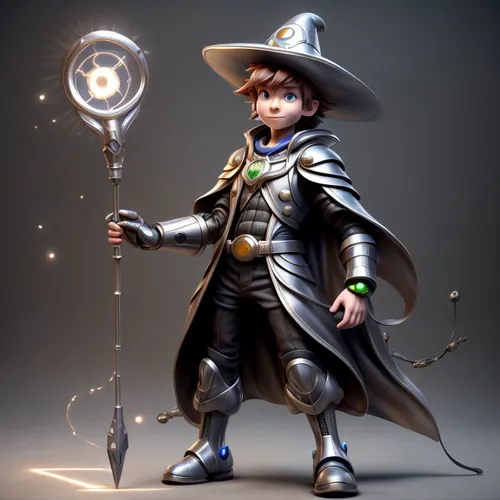 Cyberfuturistic wizard, Disney Pixar RPG style, wearing robot style hat with technological intellectual behavior, Eyes may shine with arcane knowledge, May have mystical tattoos or arcane sigils on hi