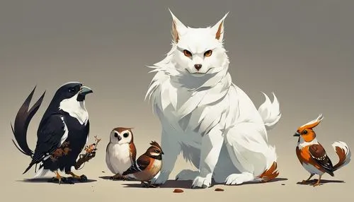 Felício the white cat, the owl, the squirrel and the dog.,fox stacked animals,tyto,skyclan,small animals,familiars,gamebirds,kindred,menagerie,akitas,anthropomorphized animals,shadowclan,kitsune,fanta