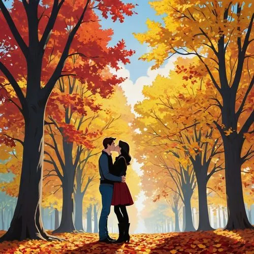 autumn background,autumn idyll,autumn theme,autumn songs,autumn scenery,vintage couple silhouette,Illustration,American Style,American Style 05