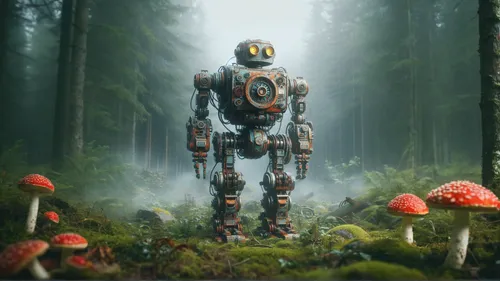 forest, fly agarics,forest man,mech,mecha,digital compositing,coral guardian,droid,b3d,forest mushroom,cinema 4d,sci fi,mushroom landscape,sci - fi,sci-fi,scifi,bot,cartoon forest,the forest,photomani