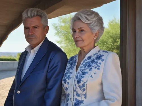 señor edad 50 años de saco azul camisa color blanco, señora edad 60 años vesdo floreado color blanco, cabello con copete canas,silver fox,wax figures,pompadour,eurythmics,american gothic,grandparents,