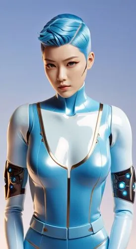 suit, Mohawk haircut with shaved sides,an image of a girl in blue futuristic gear,liara,xenosaga,satari,fembot,sportacus,cyberstar,Unique,3D,3D Character