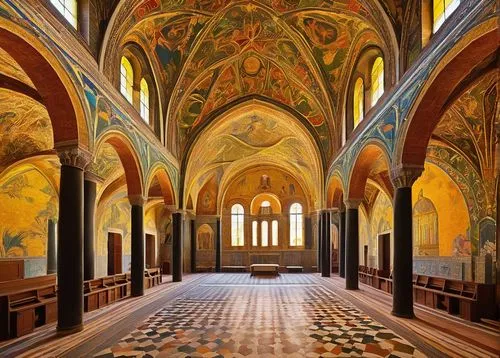 San Vitale Ravenna architecture, Byzantine style, ancient Italian church, golden mosaics, intricate stone carvings, ornate columns, arches, vaulted ceilings, stunning apse, solemn atmosphere, warm sun