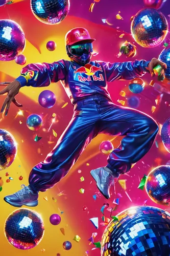 Produce an edgy Redbull logo featuring extreme sports athletes.,disco,prism ball,vector ball,mirror ball,artistic roller skating,80s,bouncy ball,epcot ball,energy balls,disco ball,christmas balls back