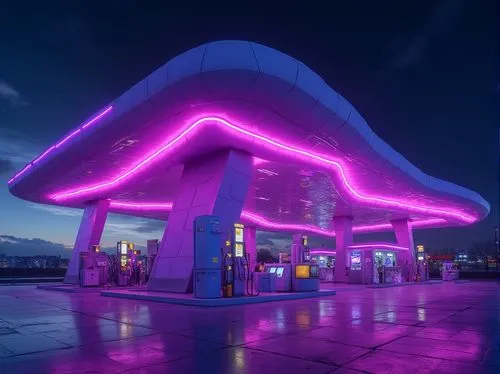 electric gas station,e-gas station,gas station,retro diner,filling station,unipetrol,aesthetic,neon coffee,chevron,petrol pump,drive in restaurant,forecourt,neon cocktails,ufo interior,mubadala,aramco,concretes,forecourts,neon drinks,qatar,Photography,General,Realistic