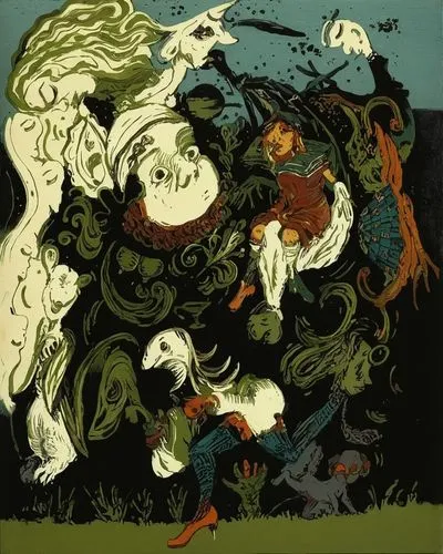 illustration of three people on horses and a dog with horns,utagawa,dulac,grasset,kaluta,zolotow,brigman,Art,Classical Oil Painting,Classical Oil Painting 32